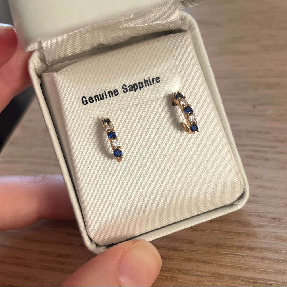 Gold white, and Blue Sapphire Earrings. Never been worn. New in box